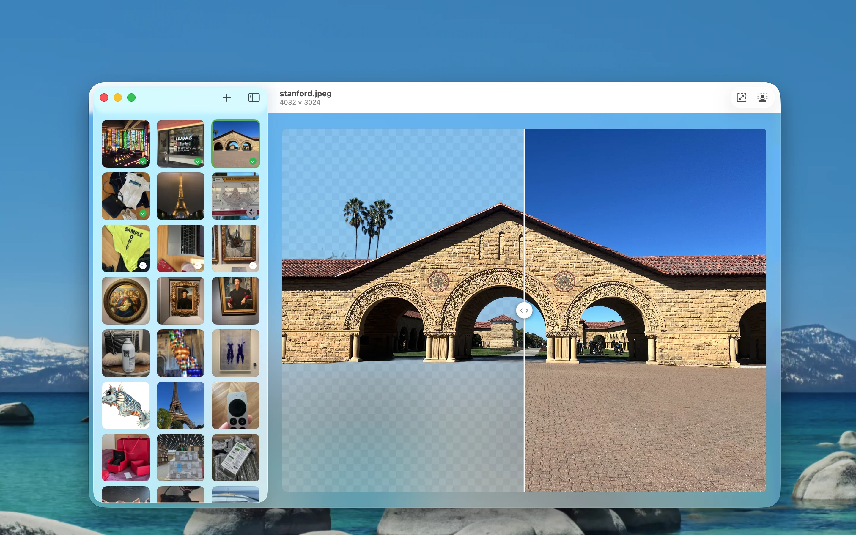 Background removal: before and after comparison showing a photo of Stanford arches with the background removed
