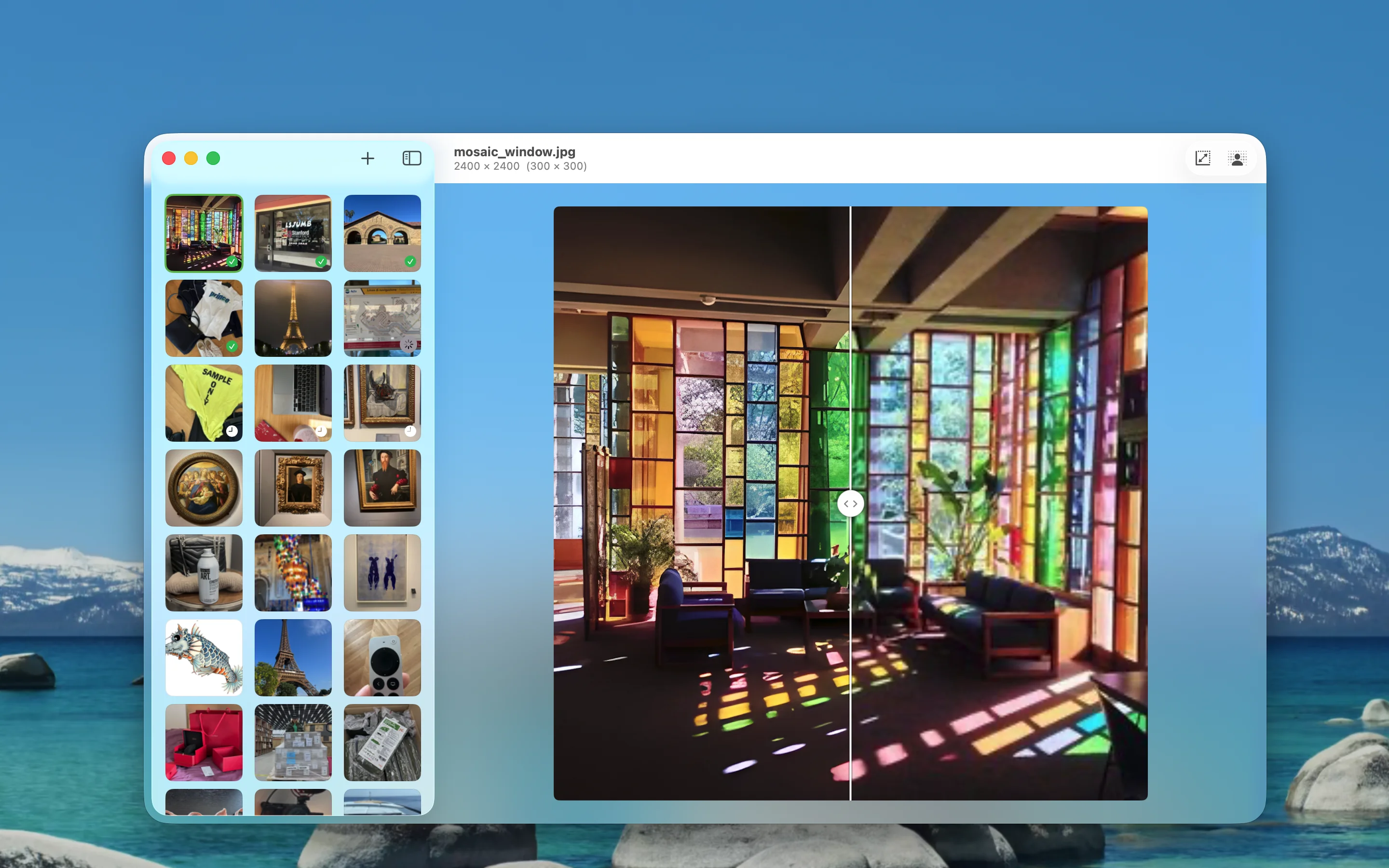 AI upscaling: before and after comparison showing a mosaic window image upscaled from 300x300 to 2400x2400